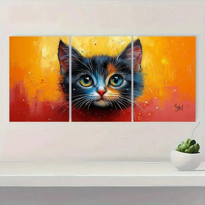 3pcs Gorgeous Abstract Blue and Orange Kitten Metal Print Ready to Hang Art - Bella Home Decor