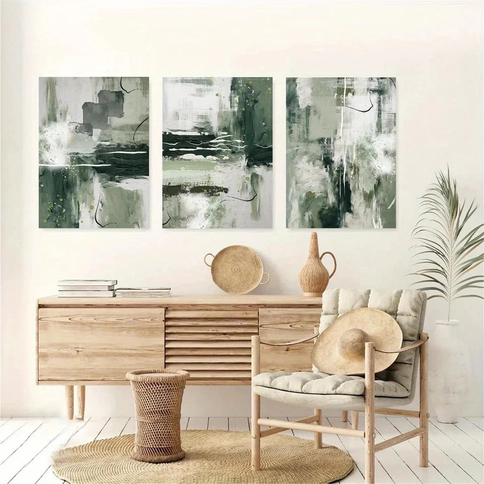 3pcs Abstract Olive And Sage Green Metal Print Ready to Hang Art - Bella Home Decor