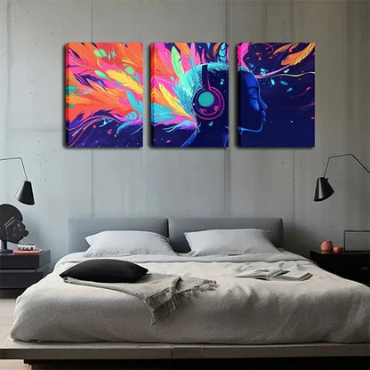 3pcs Vibrant Music Headphones Dreamlike Abstract Wall Art Set Canvas Unframed - High Quality Print 100% Australian Made Wall Canvas