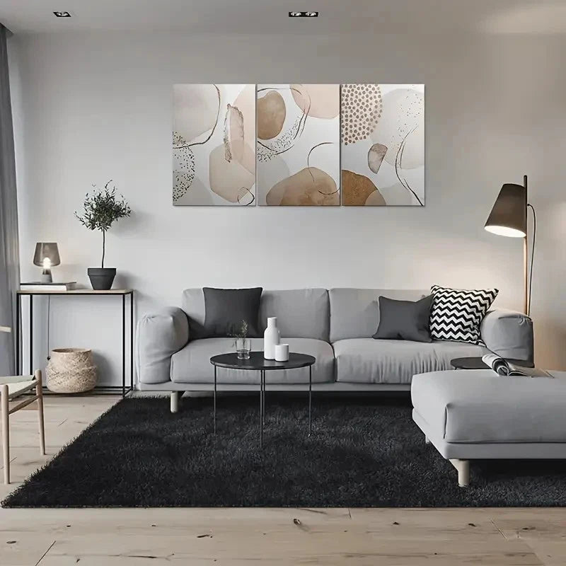 3pcs Abstract Design Beige Brown White Metal Print Ready to Hang Art - Bella Home Decor
