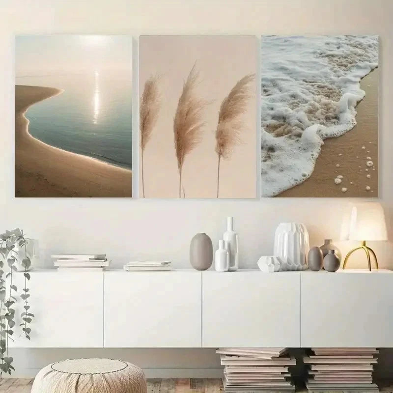 3pcs Beach Scenes Pampas Grass And Waves Metal Print Ready to Hang Art - Bella Home Decor