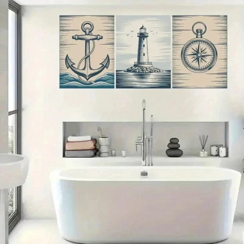 3pcs  Anchor, Lighthouse, Compass   Wall Art Set Canvas Framed 60x90cm - High Quality Print 100% Australian Made Wall Canvas Ready to Hang - Bella Home Decor