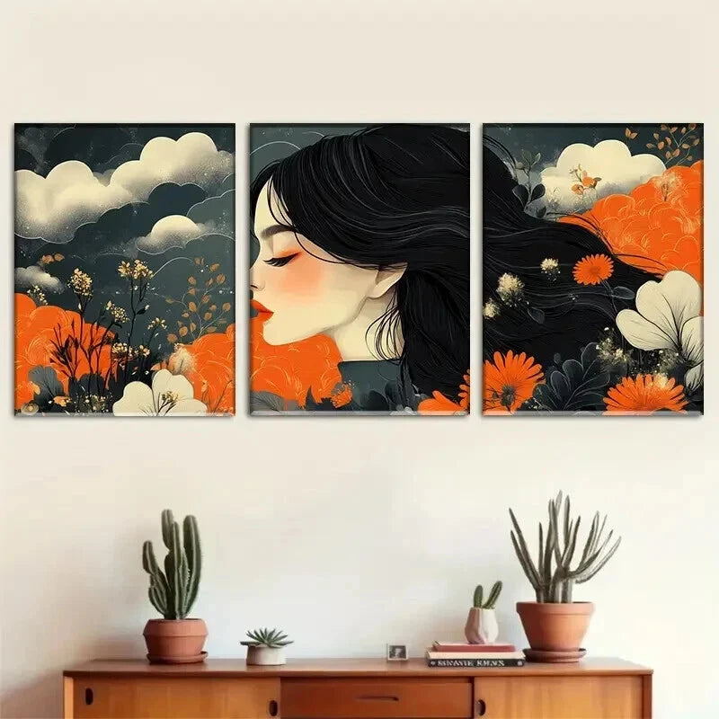 3pcs Vibrant Orange & White Floral Perfect Wall Art Set Canvas Framed 60x90cm - High Quality Print 100% Australian Made Wall Canvas Ready to Hang - Bella Home Decor