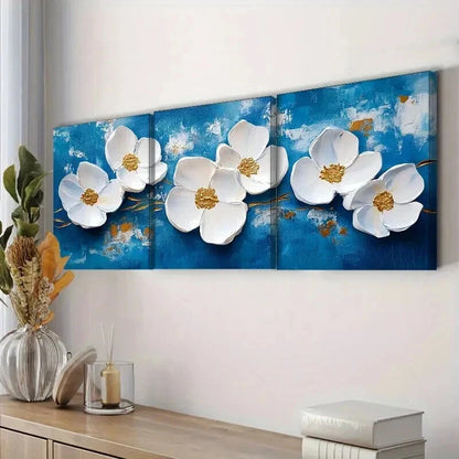 3pcs White Flower on Blue Background Wall Art Set Canvas Framed 50x70cm - High Quality Print 100% Australian Made Wall Canvas Ready to Hang