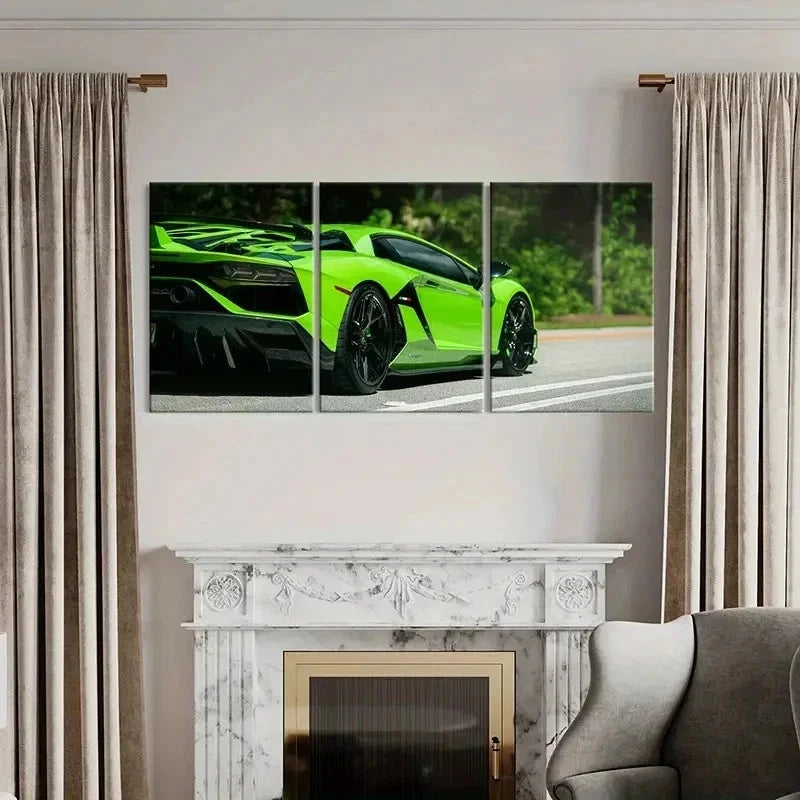 3pcs Green Sports Car & Super Car Themed Wall Art Set Canvas Framed 50x70cm - High Quality Print 100% Australian Made Wall Canvas Ready to Hang