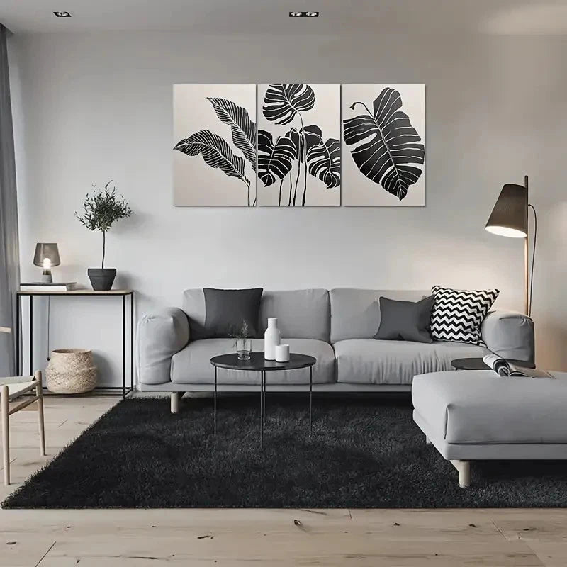 3pcs Abstract Leaf Black and White Minimalist Metal Print Ready to Hang Art - Bella Home Decor