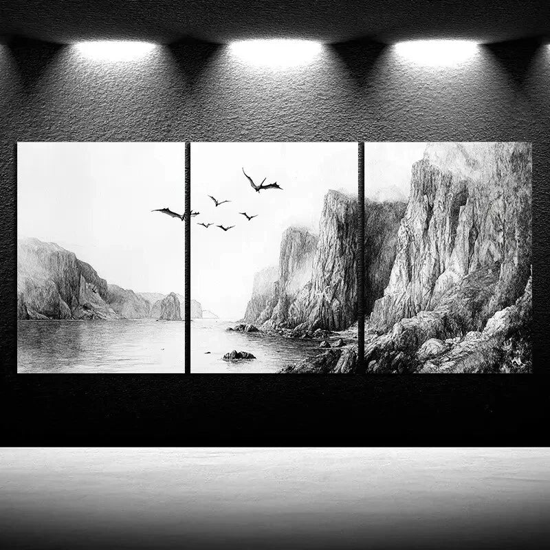 3pcs Dragons Flying on the Coast Metal Print Ready to Hang Art - Bella Home Decor