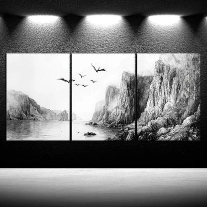 3pcs Dragons Flying on the Coast Metal Print Ready to Hang Art - Bella Home Decor