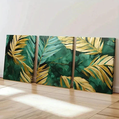 3pcs Green And Gold Art Tropical Palm Leaves Wall Art Canvas Unframed - High Quality Print 100% Australian Made Wall Canvas
