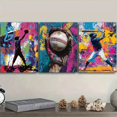 3pcs Baseball Graffiti Boy Colorful Perfect Wall Art Set Canvas Unframed - High Quality Print 100% Australian Made Wall Canvas - Bella Home Decor