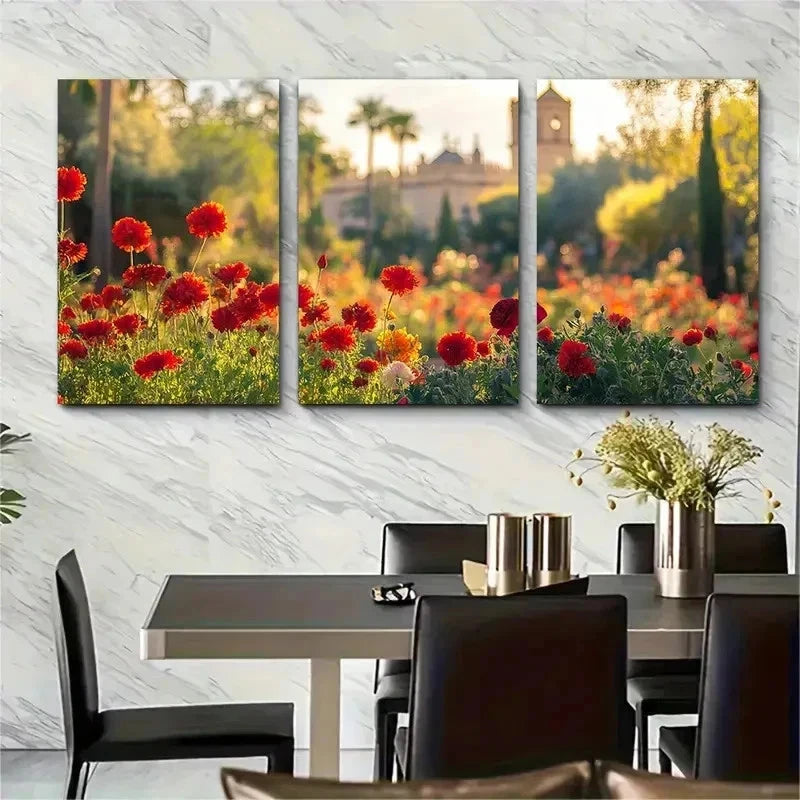3pcs Vibrant Floral & Architectural Perfect Wall Art Set Canvas Framed 50x70cm - High Quality Print 100% Australian Made Wall Canvas Ready to Hang