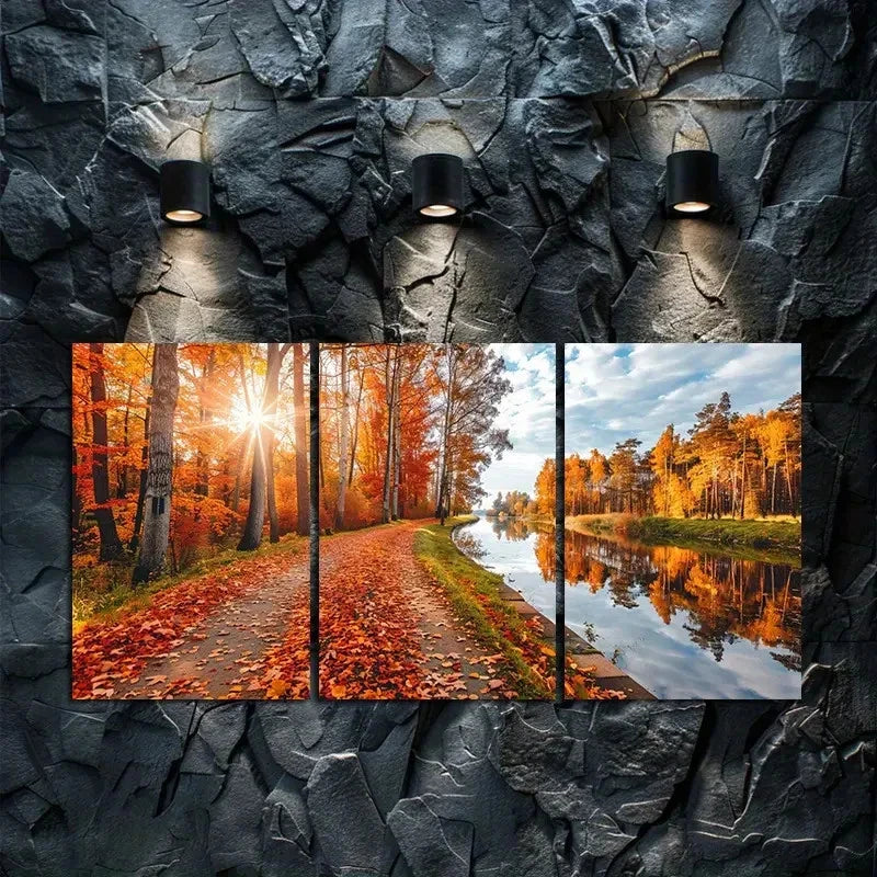 3pcs Autumn Sunlit Path & Serene River Metal Print Ready to Hang Art - Bella Home Decor