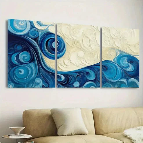 3pcs Swirls on Cream and Blue Wall Art Set Canvas Unframed - High Quality Print 100% Australian Made Wall Canvas - Bella Home Decor