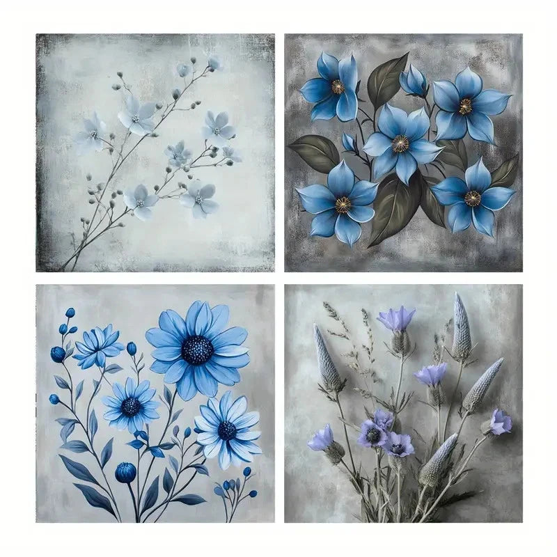 4pcs Blue Flower Botanical Posters Wall Art Canvas Framed