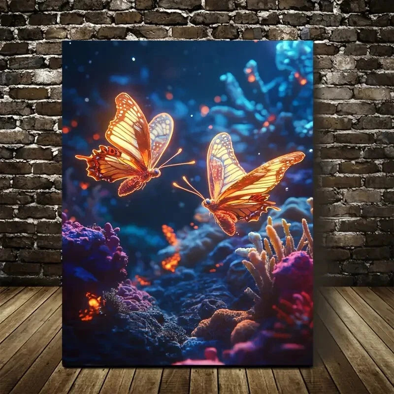 Steampunk Neon Glow Butterflies Chasing Painting 40x60cm Metal Print Ready to Hang - Bella Home Decor