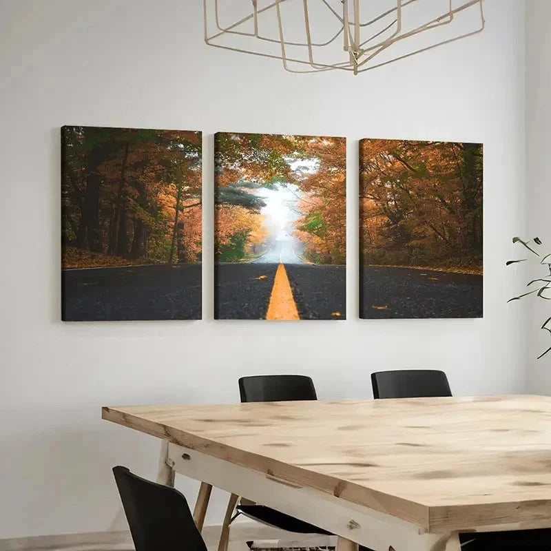 3pcs Natural Modern Trees with Road Wall Art Set Canvas Framed 60x90cm - High Quality Print 100% Australian Made Wall Canvas Ready to Hang
