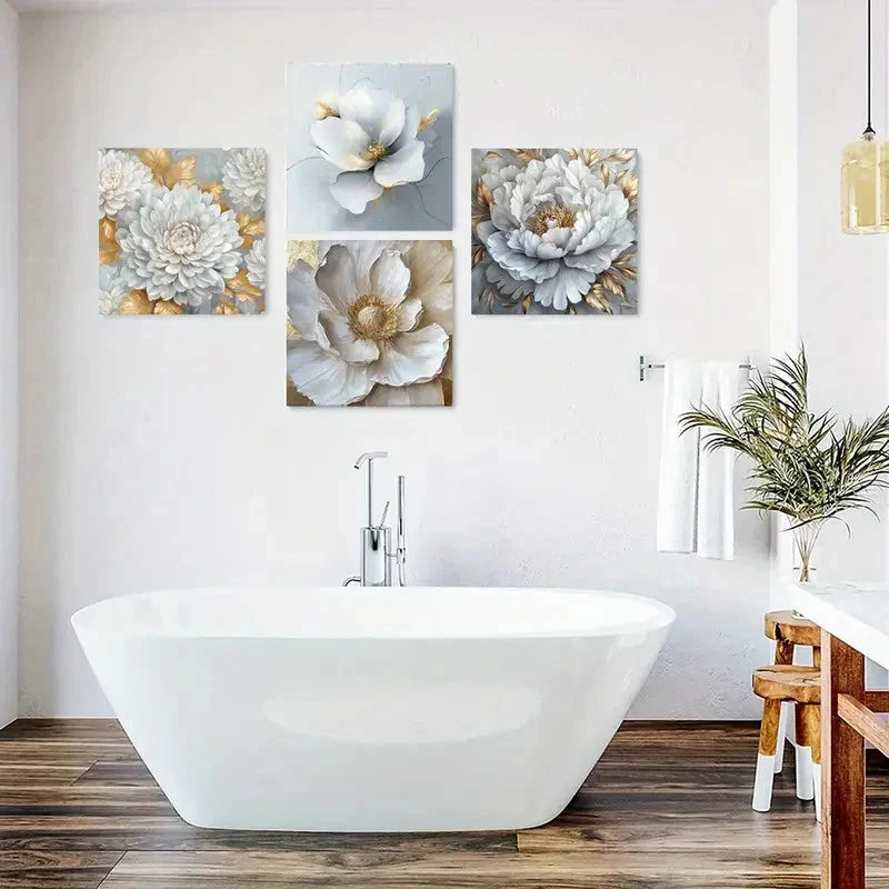 4pcs Golden Leaf Poster, White Flower Wall Art Canvas Framed