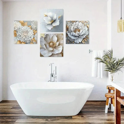 4pcs Golden Leaf Poster, White Flower Wall Art Canvas Framed