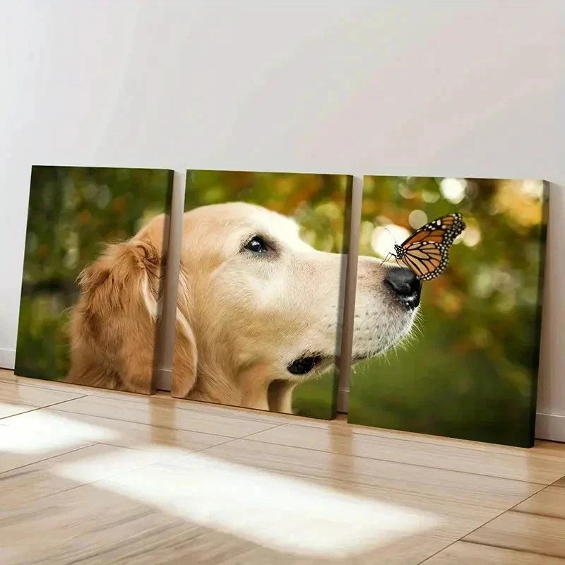 3pcs Golden Retriever with Butterfly Wall Art Set Canvas Framed 50x70cm - High Quality Print 100% Australian Made Wall Canvas Ready to Hang - Bella Home Decor