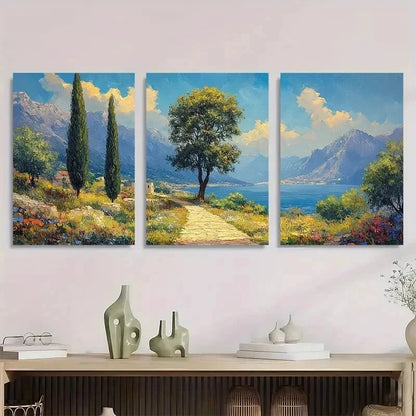 3pcs Green Tree & Mountain Landscape Perfect Wall Art Set Canvas Framed 50x70cm - High Quality Print 100% Australian Made Wall Canvas Ready to Hang.
