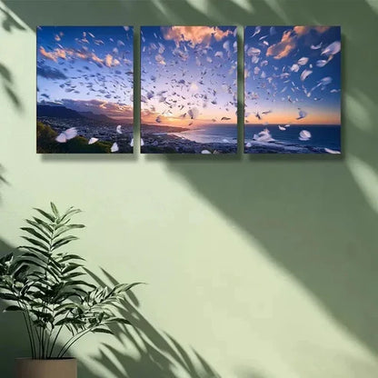 3pcs Sunset in Cape Town & White Feathers Wall Art Canvas Unframed - High Quality Print 100% Australian Made Wall Canvas