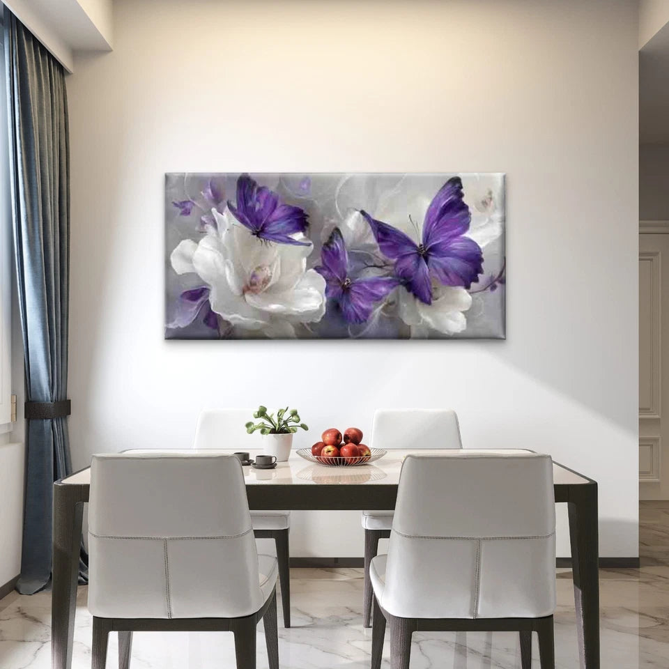 Purple Butterflies Floral Theme Wall Art Canvas Office Home Room Framed 120x60cm - Bella Home Decor