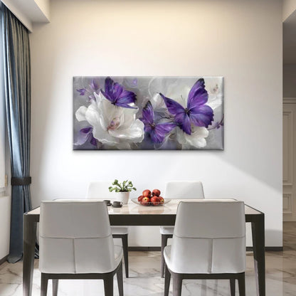 Purple Butterflies Floral Theme Wall Art Canvas Office Home Room Framed 120x60cm - Bella Home Decor