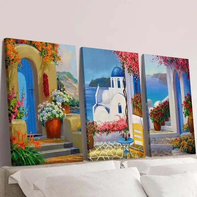 3pcs Santorini Greece Landscape & Floral Garden Wall Art Set Canvas Framed 50x70cm - High Quality Print 100% Australian Made Wall Canvas Ready to Hang