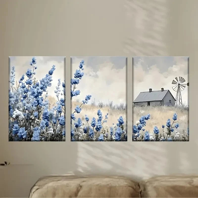 3pcs a painting of a house in a field Wall Art Set Canvas Framed 60x90cm - High Quality Print 100% Australian Made Wall Canvas Ready to Hang - Bella Home Decor