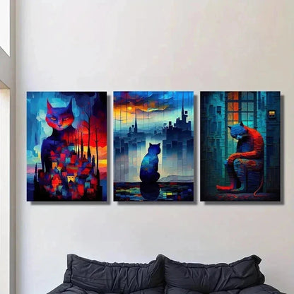 3pcs Lonely Cat Under Fantasy Night Wall Art Set Canvas Framed 50x70cm - High Quality Print 100% Australian Made Wall Canvas Ready to Hang