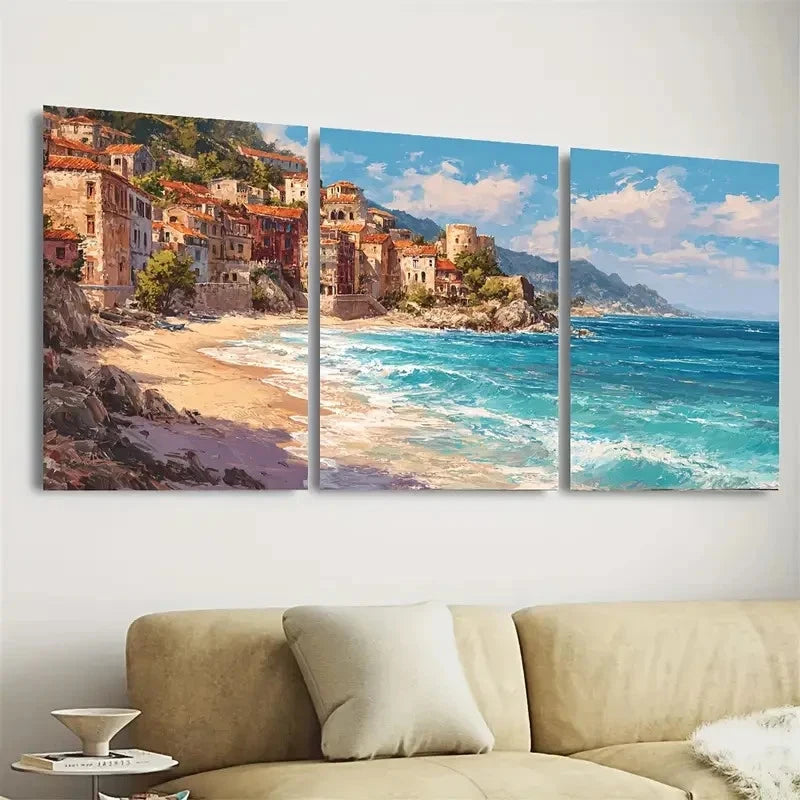 3pcs Mediterranean Horizontal, Seaside Wall Art Set Canvas Framed 60x90cm - High Quality Print 100% Australian Made Wall Canvas Ready to Hang
