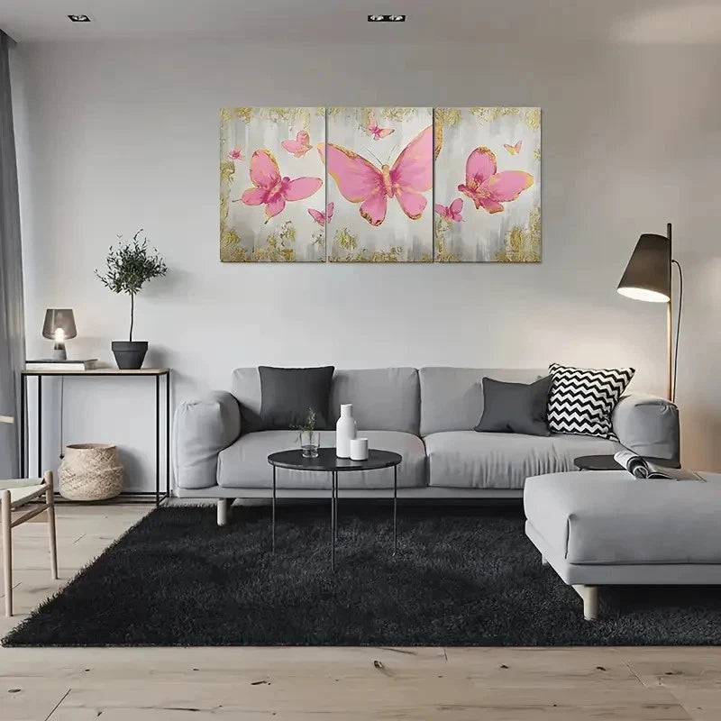 3pcs Pink Butterfly Golden Accents Metal Print Ready to Hang Art