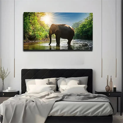 Elephant Sun Lush Forest Scene Wall Art Canvas Office Home Room Framed 120x60cm