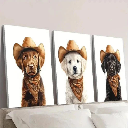3pcs Dog Wearing a Cowboy Hat Decoration Wall Art Set Canvas Unframed - High Quality Print 100% Australian Made Wall Canvas - Bella Home Decor