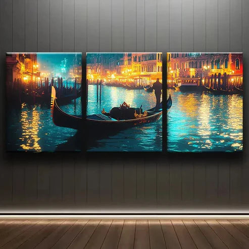 3pcs Venice's Grand Canal at Night Perfect Wall Art Set Canvas Unframed - High Quality Print 100% Australian Made Wall Canvas