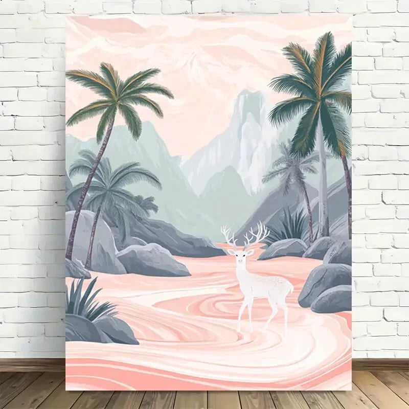 Beautiful Palm Trees and Deer in Pastel Waterscape 40x60cm Metal Print Ready to Hang - Bella Home Decor