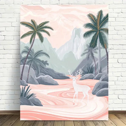 Beautiful Palm Trees and Deer in Pastel Waterscape 40x60cm Metal Print Ready to Hang - Bella Home Decor