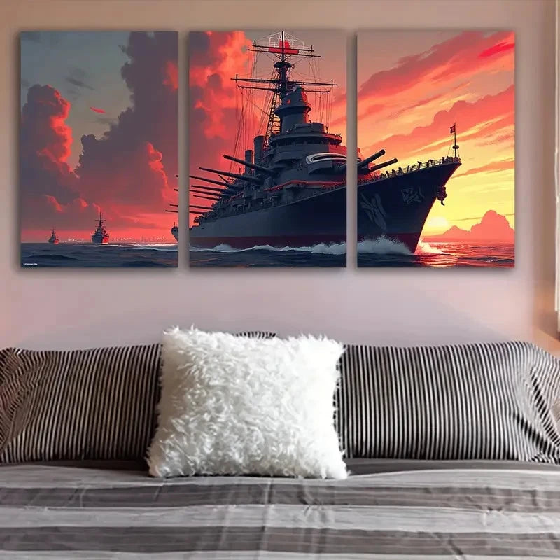 3pcs Warships At Sea Wall Art Set Canvas Framed 50x70cm - High Quality Print 100% Australian Made Wall Canvas Ready to Hang