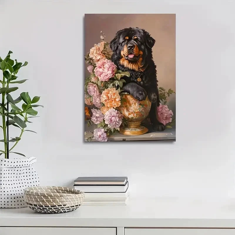 Charming Tibetan Mastiff Dog with Flowers Painting 40x60cm Metal Print Ready to Hang