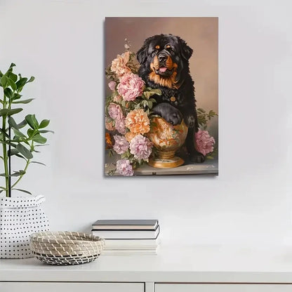 Charming Tibetan Mastiff Dog with Flowers Painting 40x60cm Metal Print Ready to Hang