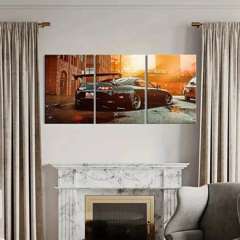 3pcs Supra Sports Car & Street Scene Wall Art Set Canvas Framed 50x70cm - High Quality Print 100% Australian Made Wall Canvas Ready to Hang