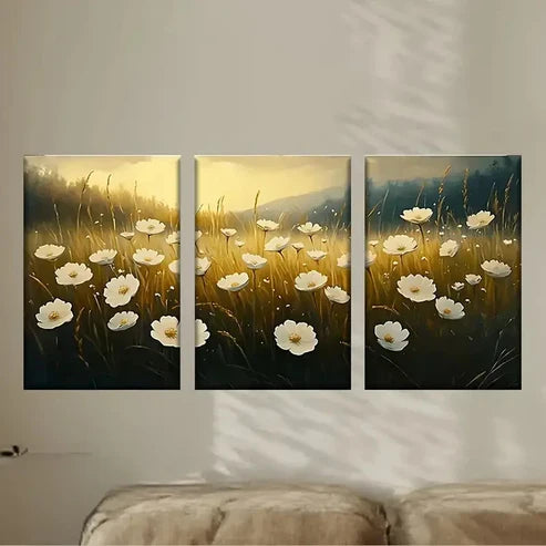 3pcs a Painting of White Flowers in a Field Wall Art Set Canvas Unframed - High Quality Print 100% Australian Made Wall Canvas - Bella Home Decor
