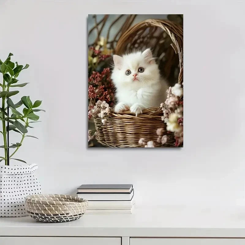 Cute Persian Cat Kitten with Flowers in Wicker Basket 40x60cm Metal Print Ready to Hang