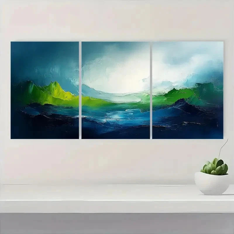 3pcs Light Green and Blue Abstract Texture LO   Wall Art Set Canvas Framed 60x90cm - High Quality Print 100% Australian Made Wall Canvas Ready to Hang