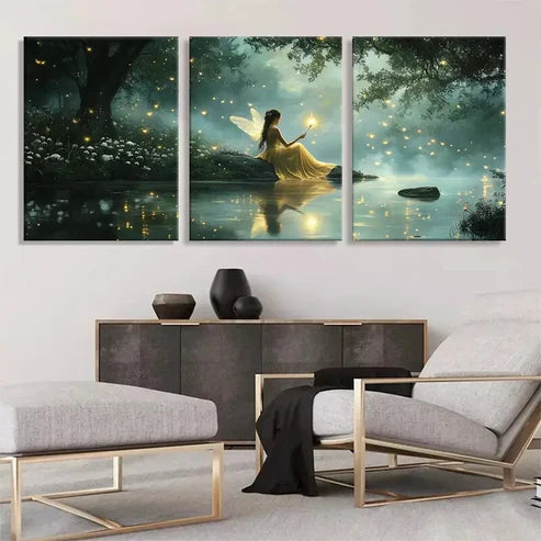 3pcs Fairy in Enchanted Forest Glowing Wall Art Canvas Unframed - High Quality Print 100% Australian Made Wall Canvas