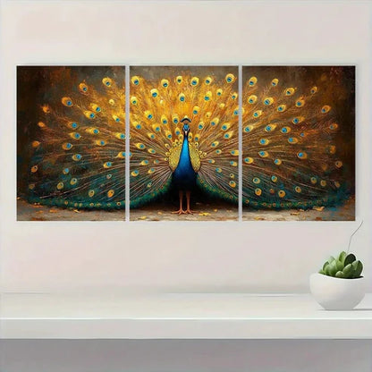 3pcs Vintage Peacock Golden & Blue Wall Art Canvas Unframed – High Quality Print 100% Australian Made Wall Canvas