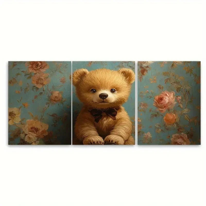 3pcs Floral Teddy Bear Illustration TI   Wall Art Set Canvas Framed 40x60cm - High Quality Print 100% Australian Made Wall Canvas Ready to Hang - Bella Home Decor