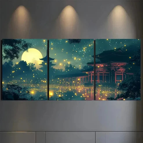 3pcs Glowing Fireflies & Asian Pagoda Design Wall Art Set Canvas Unframed - High Quality Print 100% Australian Made Wall Canvas - Bella Home Decor