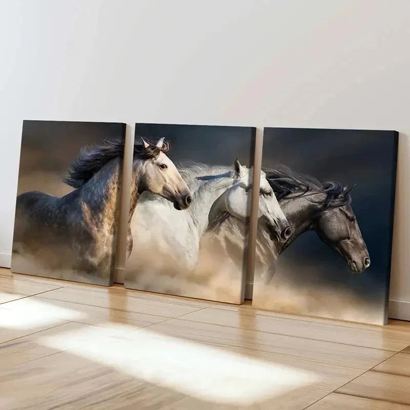 3pcs Gray White & Black Horses Running Modern Wall Art Set Canvas Framed 60x90cm - High Quality Print 100% Australian Made Wall Canvas Ready to Hang