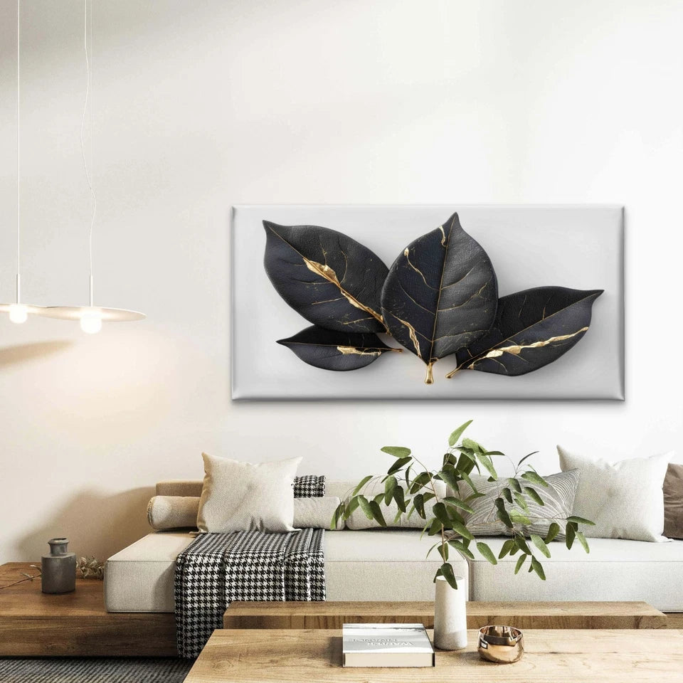 Black Leaves With Gold Accents Wall Art Canvas Office Home Room Framed 120x60cm - Bella Home Decor
